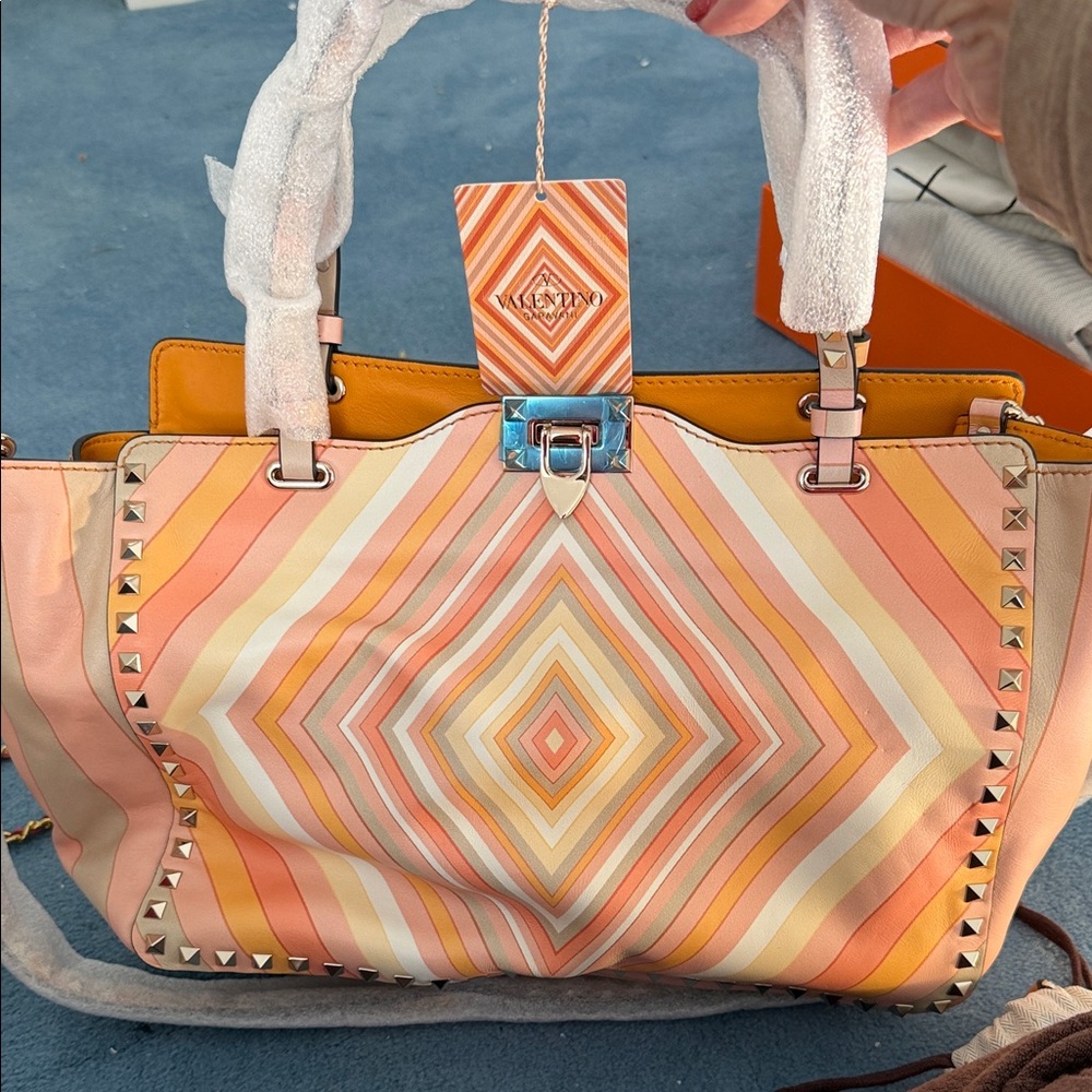 Valentino Orange and Pink Geometric Tote
